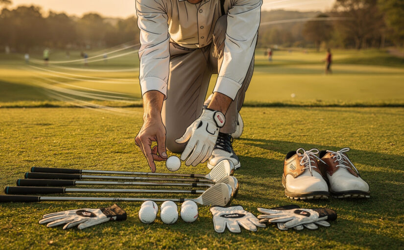 Ilustrasi animasi gaya komik peralatan golf dasar seperti klub, bola, sarung tangan, dan sepatu untuk pemain pemula.